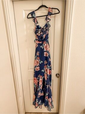 VICI - Olia - Navy Blue & Pink Floral Open Back Ruffle Maxi Dress